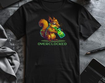Overclocked Squirrel Shirt, 16-Bit Pixel Art Energy Drink Tee, Funny PC Gamer Gift for Hardware Nerds & Computer Enthusiasts