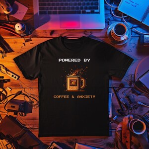May include: Black t-shirt with the text "POWERED BY" above a pixelated coffee mug graphic, and the text "COFFEE & ANXIETY" below. The shirt is displayed on a wooden surface with a laptop, coffee cup, and other items.