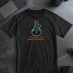 Potion of Wakefulness Shirt, 16-Bit Pixel Art Mana Potion Tee, Funny DnD Coffee Gift for Programmers & Night Owls