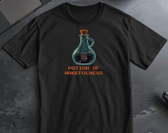 Potion of Wakefulness Shirt, 16-Bit Pixel Art Mana Potion Tee, Funny DnD Coffee Gift for Programmers & Night Owls
