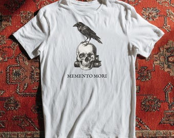 Memento Mori Shirt, Dark Academia Clothing, Gothic Raven Skull Tee, Edgar Allan Poe Gift, Vintage Macabre Literature Top, Witchy Aesthetic