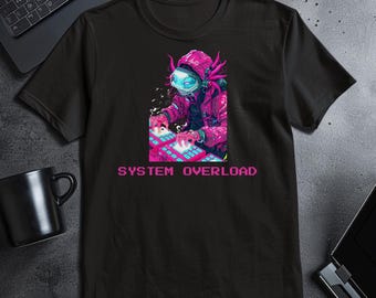 System Overload Axolotl Shirt, Cyberpunk Programmer Tee, Funny IT Burnout Gift, Hacker Techwear, PC Gamer Top, Neon Synthwave Graphic