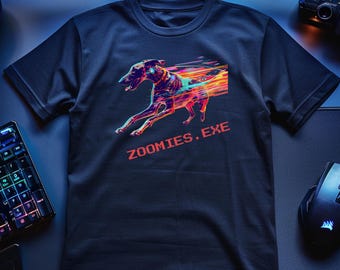 Zoomies.exe Cyberpunk Dog Shirt, Funny Greyhound Programmer Tee, Synthwave Whippet Apparel, Tech Humor Gamer Top, Vaporwave Neon Graphic