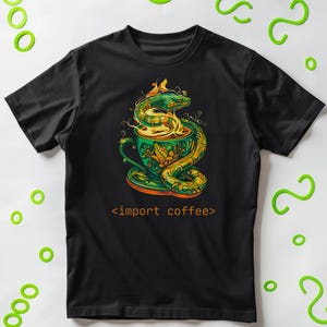 T-shirt Import Coffee, cadeau humoristique pour programmeur avec un serpent Python, t-shirt humoristique sur le codage et le café pour développeurs et ingénieurs logiciels