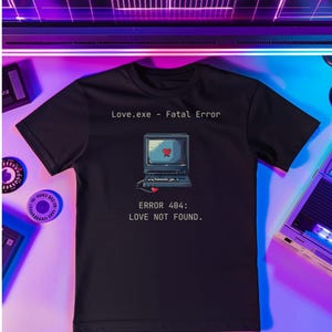May include: Black t-shirt with a computer graphic displaying a heart on the screen. The text reads "Love.exe - Fatal Error" and "ERROR 404: LOVE NOT FOUND."