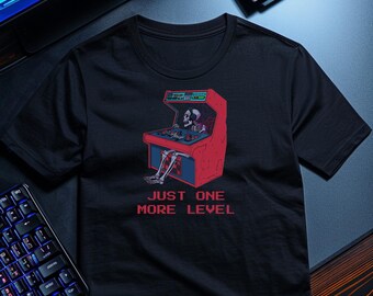 Just One More Level Shirt, 16-Bit Pixel Art Skeleton Gamer Tee, Funny Retro Arcade Gaming Gift for PC & Video Game Lovers