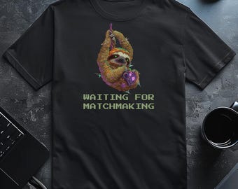 Waiting for Matchmaking Shirt, Funny Sloth Gamer T-Shirt, Retro Pixel Art Video Game Queue Meme Gift for PC & Console Players