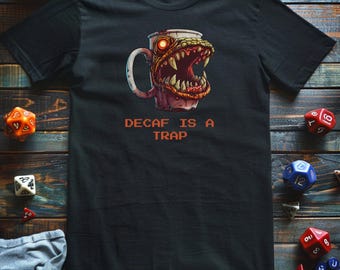 Mimic Coffee Mug Shirt, Decaf Is A Trap Tee, Funny D&D Gamer Gift, Tabletop RPG Apparel, Dungeon Master Top, Pixel Art Monster Clothing