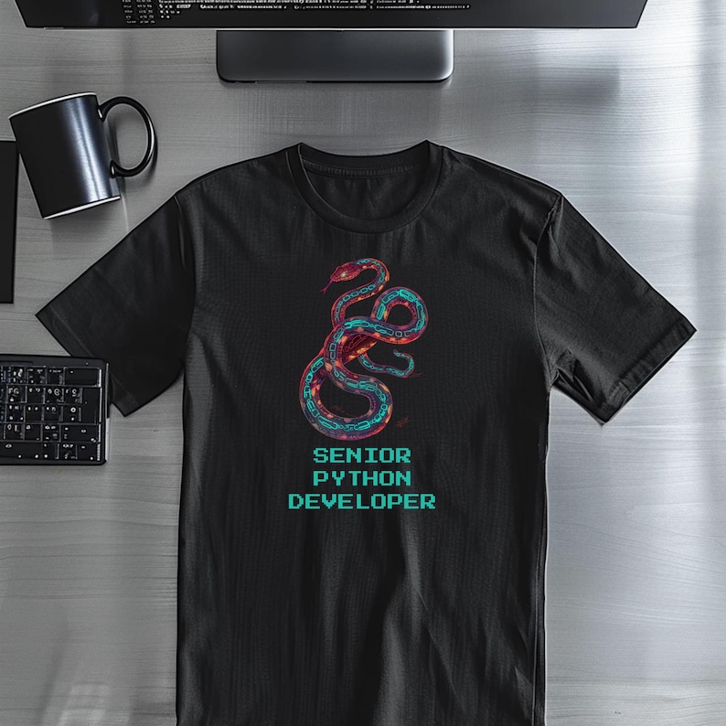 K&ouml;nnte beinhalten: Schwarzes T-Shirt mit einem bunten Schlangenmuster in Rot, T&uuml;rkis und Blau. Der Text "SENIOR PYTHON DEVELOPER" steht darunter. Das T-Shirt liegt auf einem Schreibtisch mit Tastatur und schwarzem Becher.