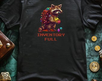 Inventory Full Gamer Shirt, 16-Bit Pixel Art Raccoon Tee, Funny DnD Loot Hoarder Gift for Tabletop RPG & Video Game Players