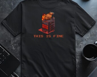 This Is Fine Capybara Shirt, Funny IT SysAdmin Tee, Server On Fire DevOps Gift, Programmer Tech Support Apparel, Tech Humor Meme Top