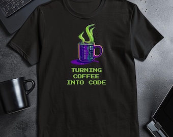Turning Coffee Into Code Shirt, Funny Programmer Tee, Software Engineer Gift, Developer IT Humor, Cyberpunk Techwear, Coder Binary Apparel