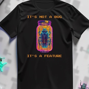 No es un error, es una característica. Camiseta con humor sobre errores de programación, regalo para desarrolladores, camiseta gráfica cyberpunk para programadores e ingenieros de software.