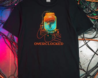 Overclocked Brain Cyberpunk Shirt, PC Gamer Tee, Funny Programmer Gift, Sci-Fi Techwear Apparel, Hardware Geek Top, Retro Futuristic AI