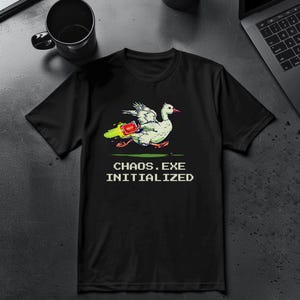 Chaos Exe Initialized Shirt, Funny Cyberpunk Goose Tee, IT Programmer Humor Gift, Hacker Techwear Top, Gamer Meme Apparel, Sysadmin Nerd