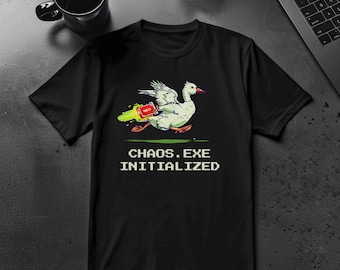 Chaos Exe Initialized Shirt, Funny Cyberpunk Goose Tee, IT Programmer Humor Gift, Hacker Techwear Top, Gamer Meme Apparel, Sysadmin Nerd