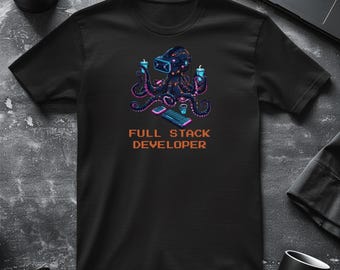 Full Stack Developer Shirt, Cyberpunk Octopus Tee, Funny Programmer Gift, Software Engineer Top, Hacker Techwear, IT Multitasking Graphic