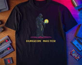 Dungeon Master Pixel Art Shirt, Retro Tabletop RPG Tee, Fantasy Wizard D20 Gift, Board Game Apparel, Nerd Geek Clothing, 8-Bit Gamer Top