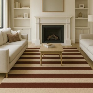 Op de afbeelding: Woonkamer met een gestreept tapijt in beige en donkerrood. Twee crèmekleurige banken staan tegenover elkaar, met een houten salontafel in het midden. De kamer heeft ingebouwde planken en een open haard met een spiegel erboven.