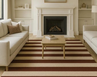 Tappeto in lana a righe beige e marrone, annodato a mano, con taglio ad anello – Arredamento moderno e minimalista per camera da letto e soggiorno