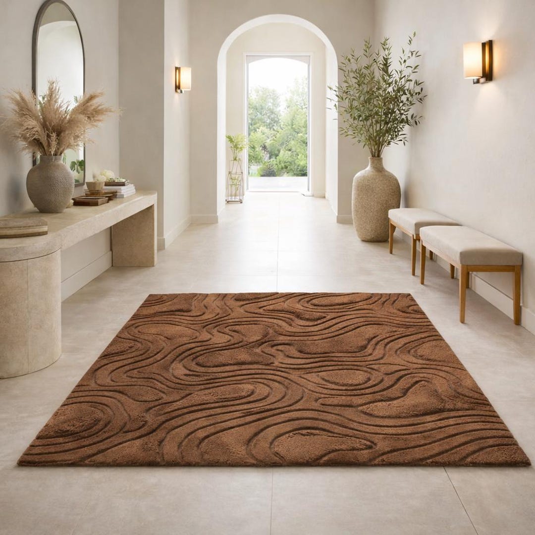 Modern Mocha Abstract Rug, Hand Tufted Wool Rug, Sculpted Topographic ...