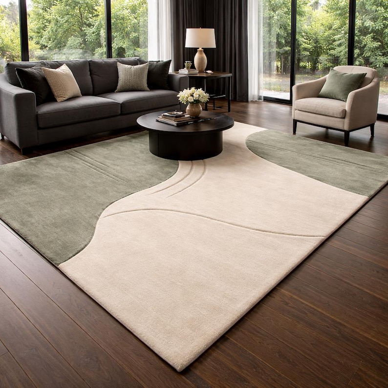 Sage Green Ivory Hand Tufted Wool Rug, Minimal Abstract Area Carpet - Etsy