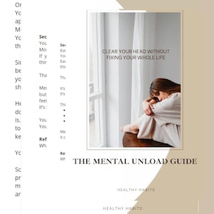 Op de afbeelding: Boekomslag met de titel "The Mental Unload Guide" en de slogan "Clear Your Head Without Fixing Your Whole Life". De afbeelding toont een vrouw bij een raam. De omslag heeft een beige en wit kleurenschema.