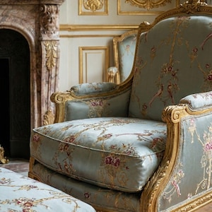 Peut inclure: Un fauteuil et un repose-pieds ornés. Le mobilier présente un tissu bleu clair avec un motif floral et d'oiseaux, rehaussé de finitions dorées. Le fauteuil a un dossier et des accoudoirs incurvés, et le repose-pieds est rectangulaire.