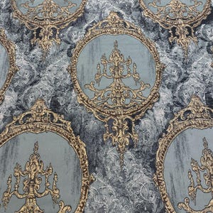 Lyxigt salviagrönt guldfärgat möbeltyg, barockt medaljongmönster, klassisk damasttextil