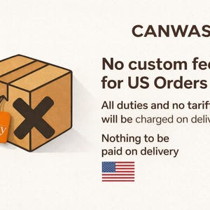 May include: A brown cardboard box with a black 'X' and an orange Etsy tag. Text reads 'CANVAS' and 'No custom fees for US Orders'. An American flag is at the bottom.