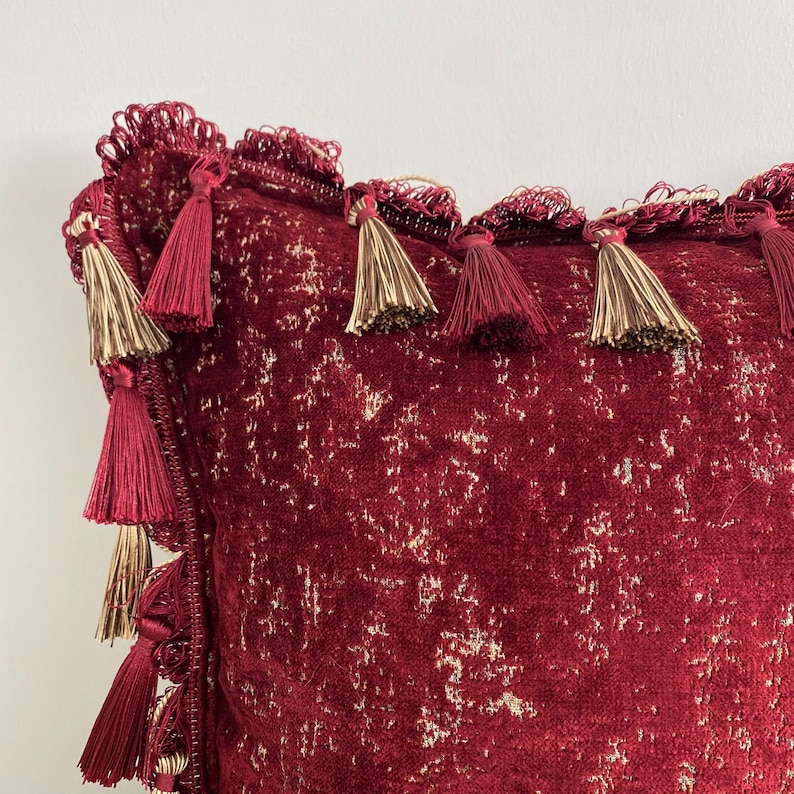 May include: Close-up of a decorative pillow with a deep red, textured fabric and gold accents. The pillow is trimmed with a ruffled edge and adorned with alternating red and gold tassels, creating a luxurious aesthetic.