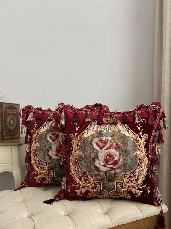 Burgundy Chenille Pillow Cover, Victorian Rose Tapestry Cushion, Gobelin Throw Pillow Decor