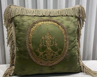Olive Green Satin Pillow Cover , Gold Embroidered Medallion, Tassel Fringe