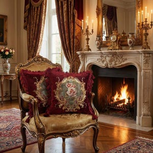 Könnte beinhalten: Ein verzierter goldener Sessel mit zwei weinroten Kissen mit Blumendesigns. Der Raum hat einen Kamin, einen großen Spiegel und weinrote Vorhänge. Die Szene vermittelt ein Gefühl von Luxus und klassischer Einrichtung.