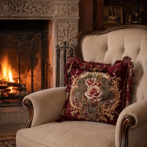 May include: A decorative burgundy pillow with a floral rose design and gold accents rests on a beige armchair. The pillow features tassels and is placed in front of a fireplace with a burning fire.