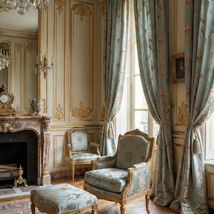 May include: An elegant room with ornate gold trim and light blue floral curtains. Two armchairs and a footstool with matching floral upholstery sit on a patterned rug. A fireplace and chandelier add to the room's luxurious feel.