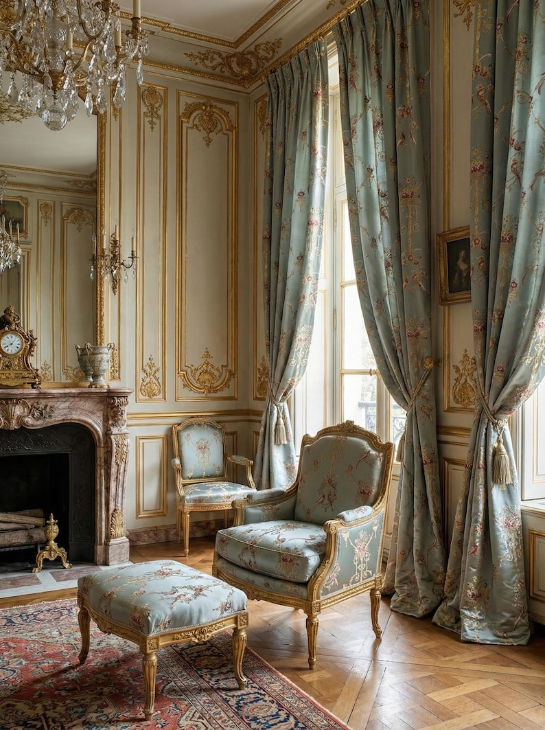 May include: An elegant room with ornate gold trim and light blue floral curtains. Two armchairs and a footstool with matching floral upholstery sit on a patterned rug. A fireplace and chandelier add to the room's luxurious feel.