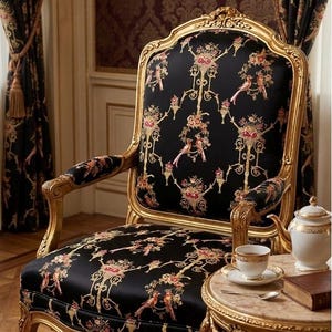 Floral Bird Upholstery Fabric Black Gold, Baroque Jacquard Fabric