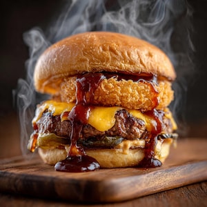 May include: A gourmet burger with a toasted bun, two beef patties, melted cheese, fried onion rings, pickles, and a rich sauce. The burger sits on a wooden cutting board, with steam rising from it.