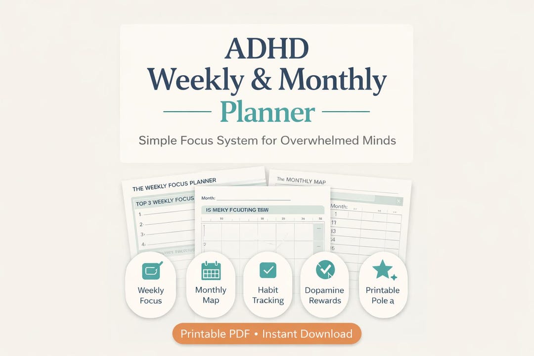 ADHD Weekly Monthly Planner Printable PDF, Focus Productivity Planner ...