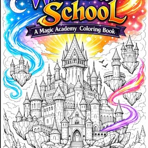 Może przedstawiać: Okładka kolorowanki "Wizard School" w żywych kolorach. Obraz przedstawia szczegółowy rysunek linii dużego zamku z wieloma wieżami, pływającymi wyspami i magicznym niebem, idealny do kolorowania.