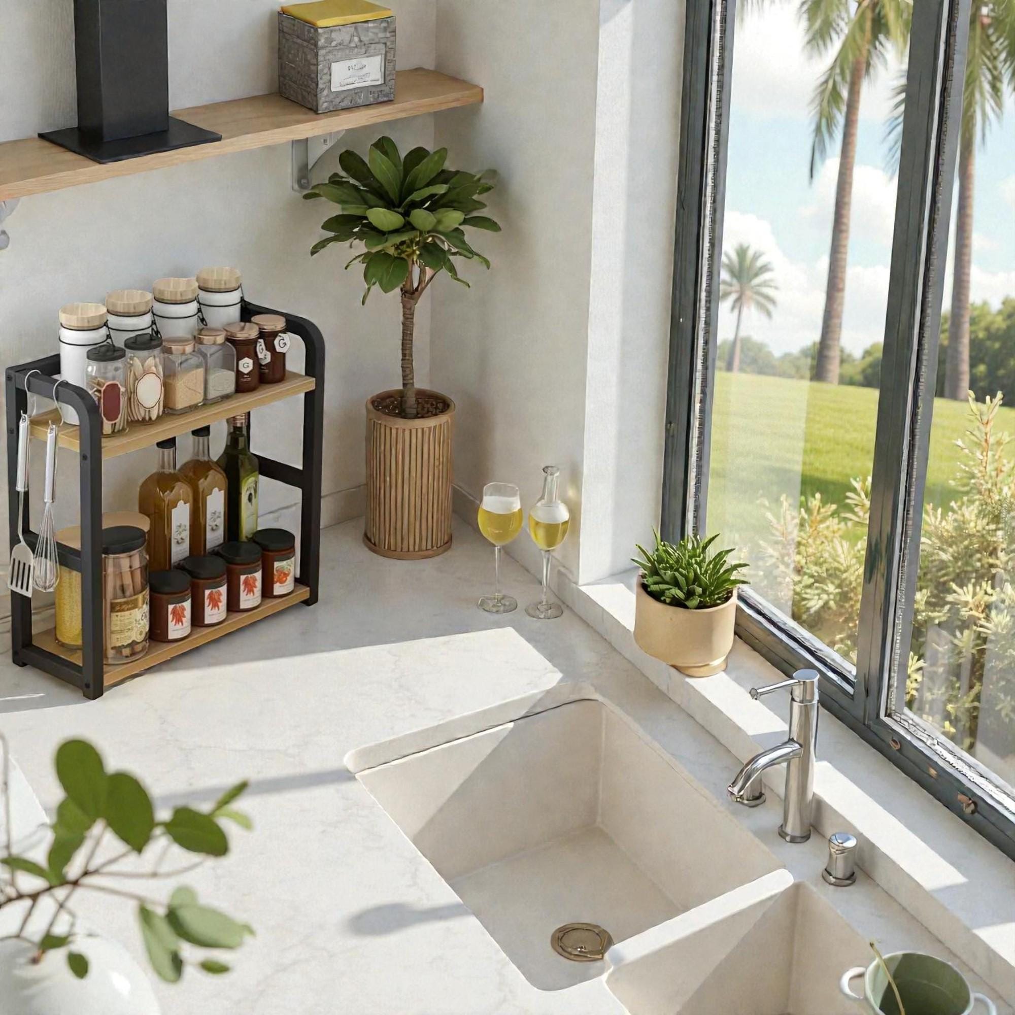 Kitchen Countertop Organizer | Solid Wood & Iron Shelf for Oils and ...