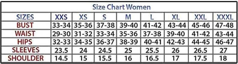 May include: A size chart for women's clothing, with measurements in inches. The chart includes sizes from XXS to XXXL, detailing bust, waist, hips, sleeve, and shoulder measurements for each size. The text "Size Chart Women" is at the top.