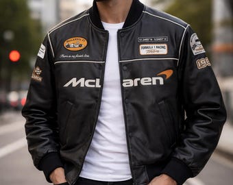 McLaren F1 Racing Bomber Jacket, Unisex Formula 1 Black Jacket, McLaren Leather Jacket