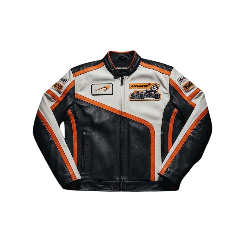 May include: Black, white, and orange leather racing jacket with a stand-up collar and a front zipper. The jacket features multiple patches, including the McLaren logo and a checkered flag design. The sleeves have orange stripes.