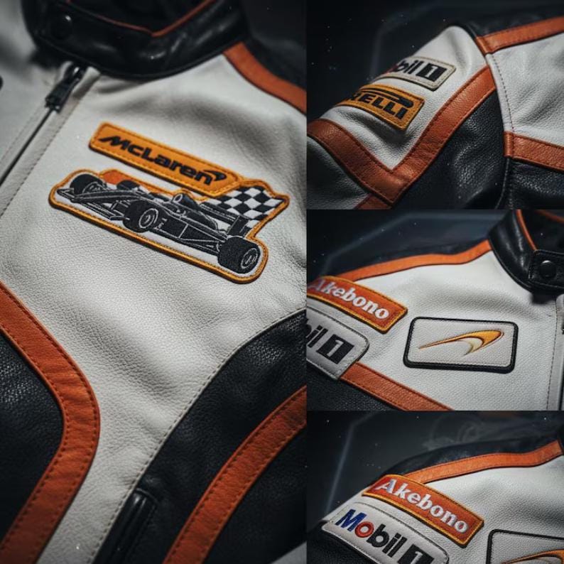 May include: A white and black leather racing jacket with orange accents. The jacket features multiple patches, including the McLaren logo and other sponsor logos. The jacket has a zipper closure and a black collar.