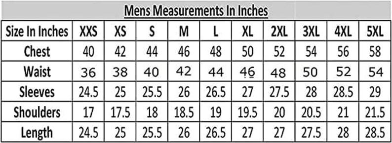 May include: A chart titled "Mens Measurements In Inches" displays chest, waist, sleeves, shoulders, and length measurements for various sizes, from XXS to 5XL. Measurements are provided in inches.