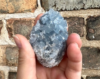 May include: A blue celestite crystal cluster with a rough, natural texture. The crystal is a light blue color and has a variety of shapes and sizes.