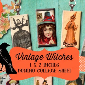 Vintage Halloween Witches 1 x 2 inch Domino Digital Collage Sheet - Printable Download - Jewelry, Scrapbook, Pendants