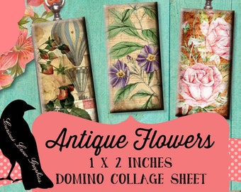 Antique Flowers 1 x 2 inch Domino Digital Collage Sheet - Printable Download - Jewelry, Scrapbook, Pendants